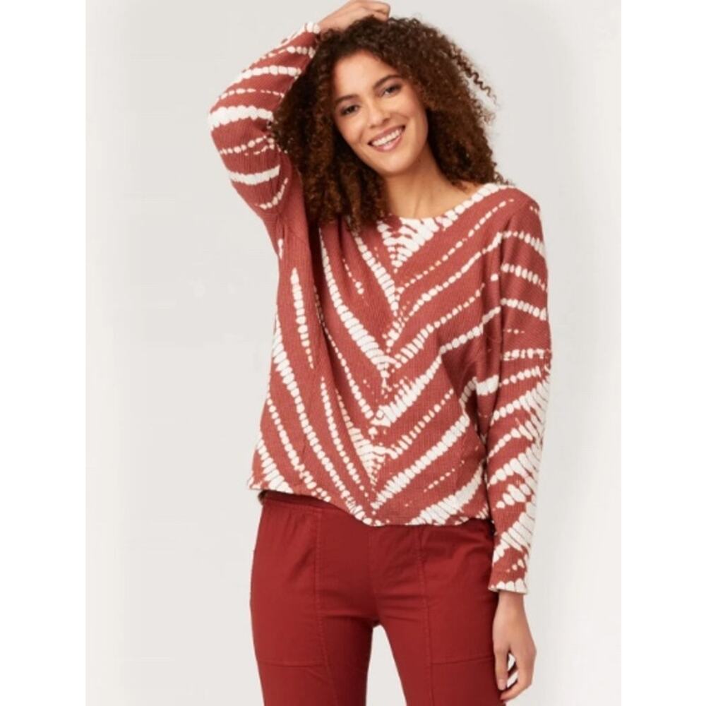 XCVI Wearables XL Thermal Tie Dye Chevron Top Brown Red Dolman Boho Lagenlook